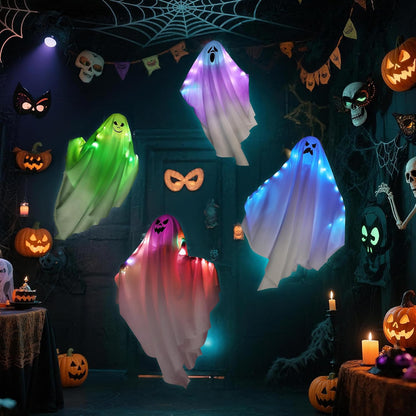 LumoraHaus Halloween Hanging Ghosts – Windproof Patio and Yard Decor with Auto-Timer LED Lights