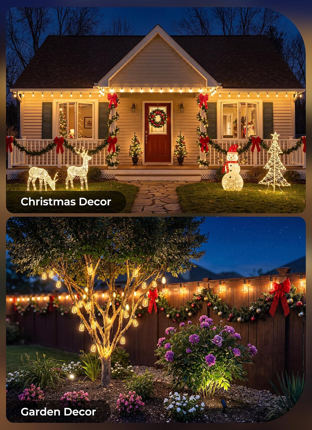 automatic dusk-to-dawn operation, a 180-degree adjustable solar panel, hooks on every bulb, cable ties, a spring clip, and spare led bulbs support flexible setup