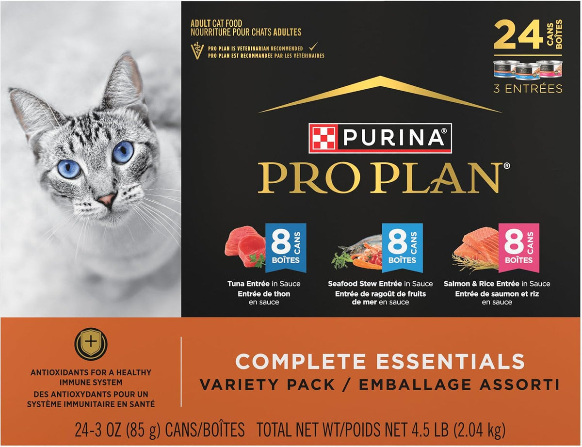 Purina Pro Plan Complete Essentials Adult Cat Food, 24-Three-Ounce Cans for a Soothing Mealtime Wind-Down