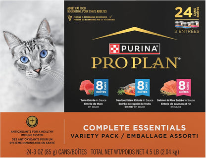 Purina Pro Plan Complete Essentials Adult Cat Food, 24-Three-Ounce Cans for a Soothing Mealtime Wind-Down
