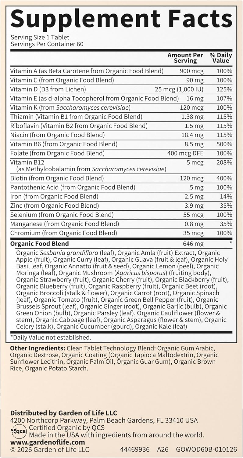 Garden of Life Organics Women's Once Daily Multivitamin, 30 Tablets for Travel and Home Use