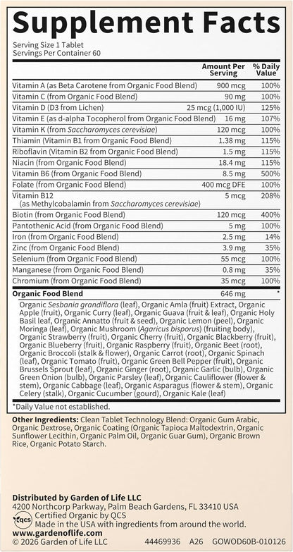Garden of Life Organics Women's Once Daily Multivitamin, 30 Tablets for Travel and Home Use