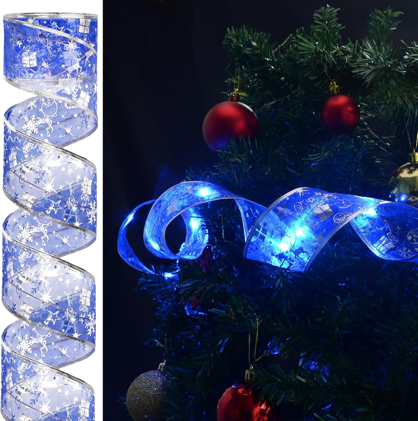 available in 4 ribbon colors (gold, blue, silver, red) and 2 lengths (33ft/100 led, 66ft/200 led)