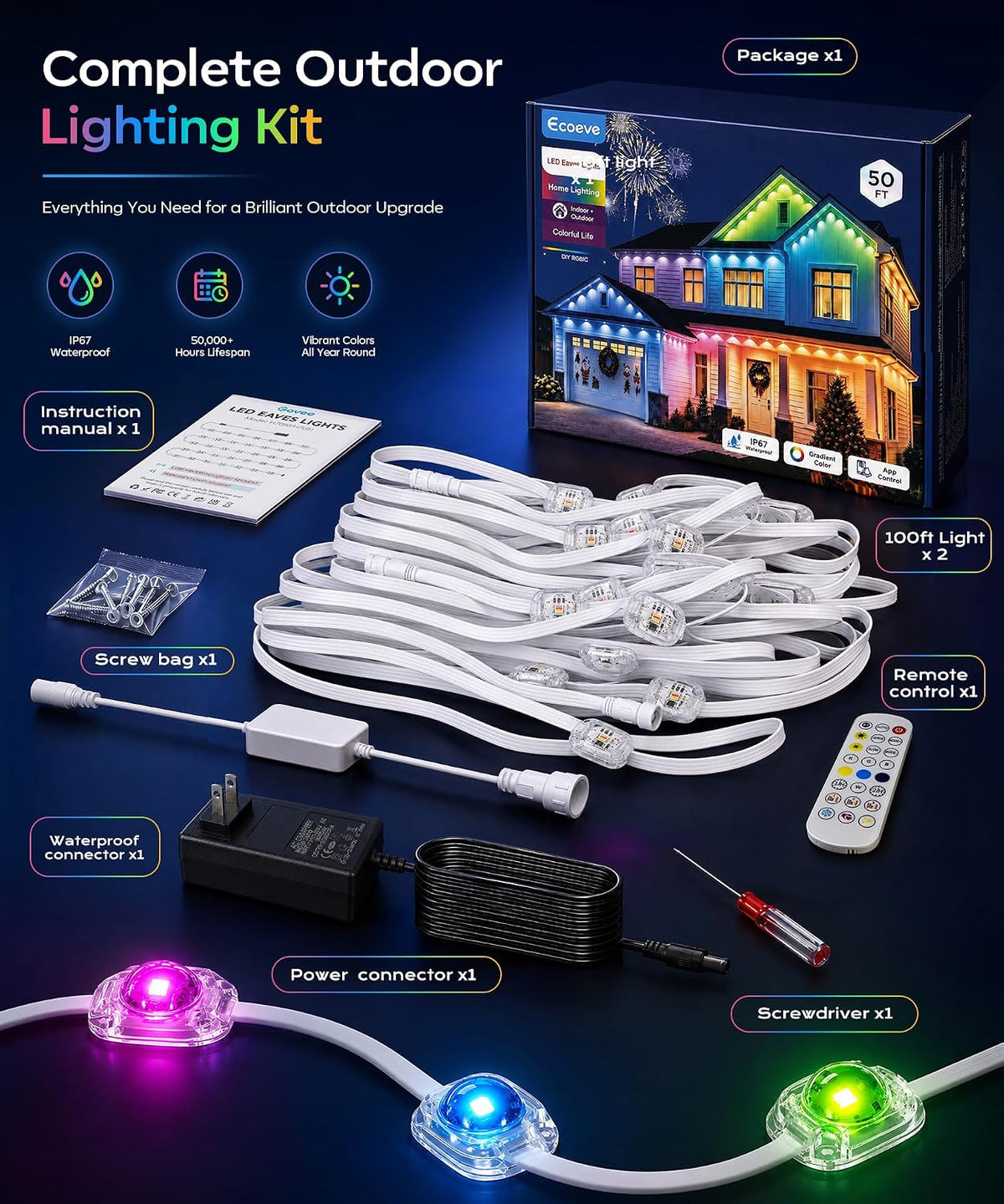 Lumaglow Permanent Outdoor LED Lights for House Roofline, 200ft RGB Smart String with -4°F to 140°F Rating