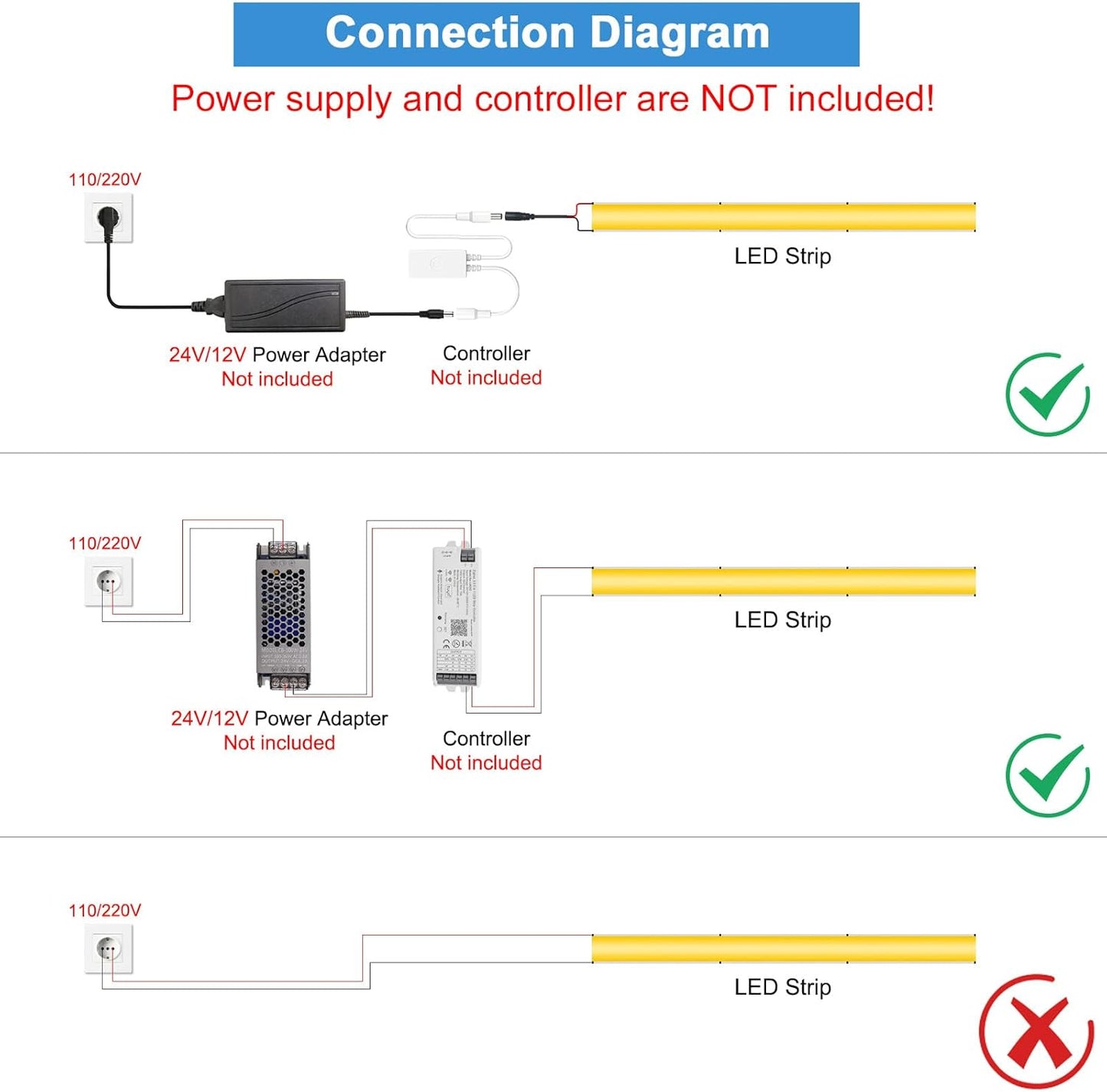 available in 8 color variants (3000k, 4000k, 6000k, red, green, blue, ice blue, golden yellow) and 12v/24v options, with included 3m double-sided tape