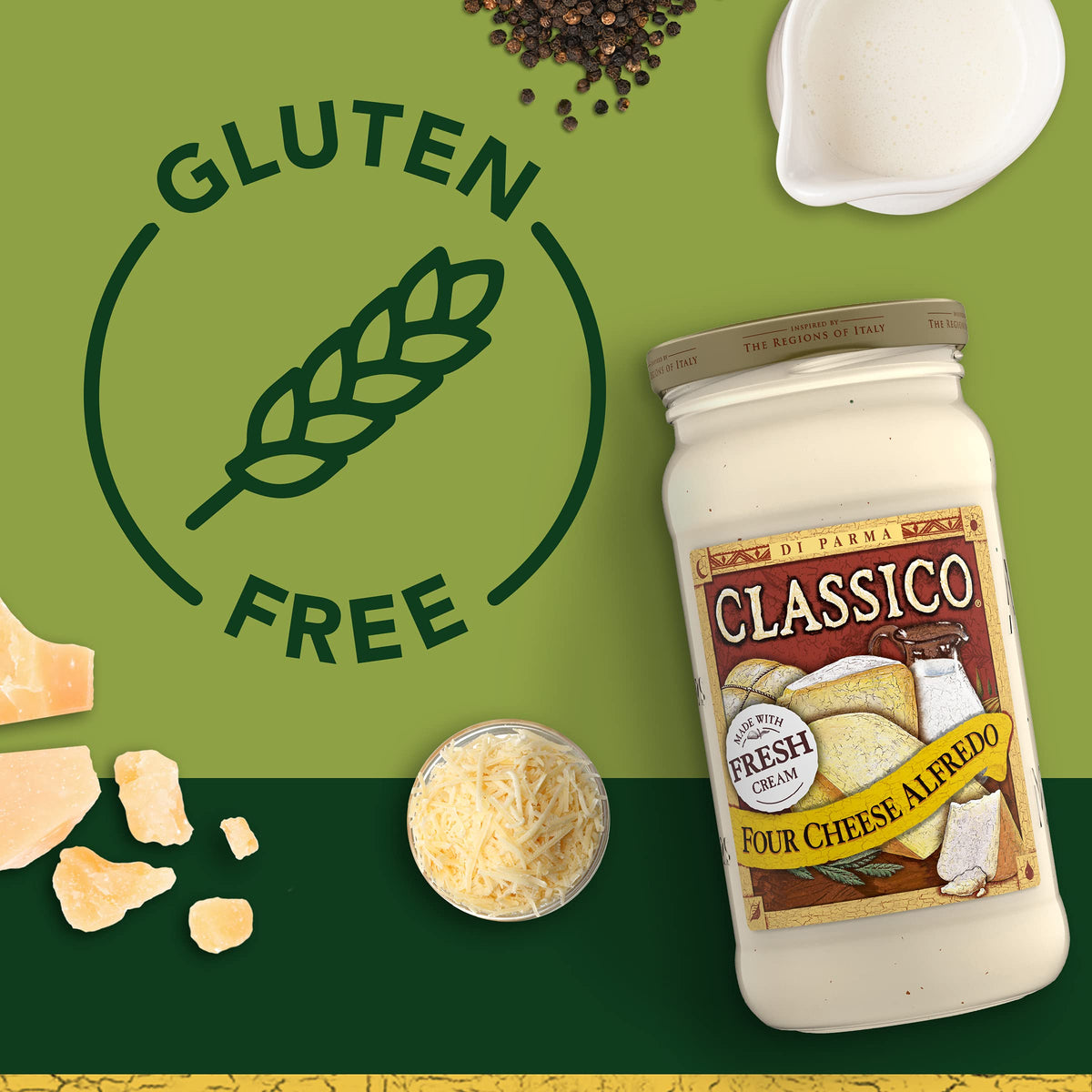 available in three flavor profiles: four cheese alfredo, roasted garlic alfredo, creamy alfredo