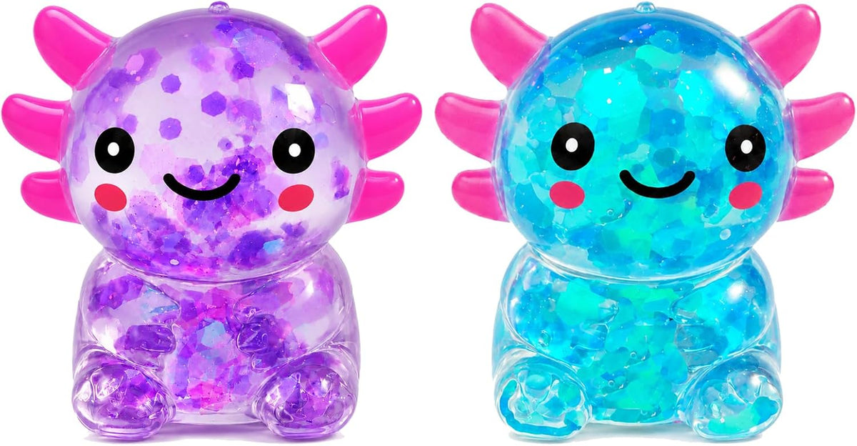 axolotl-shaped squishy with glitter-filled design