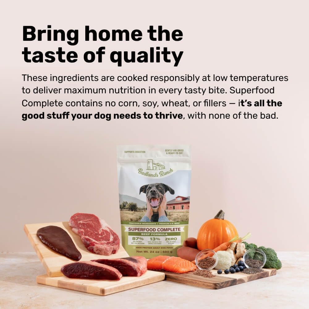 BADLANDS RANCH Air-Dried Beef Superfood Dog Food, Clean Ingredient Picky Eater Topper the Whole Family Trusts, 2 lb