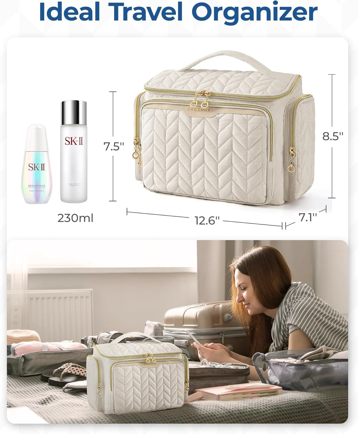 BAGSMART Travel Toiletry Bag – Practical Holiday Gift for Mom, Wide-Open Cosmetic Carry-On with Handle