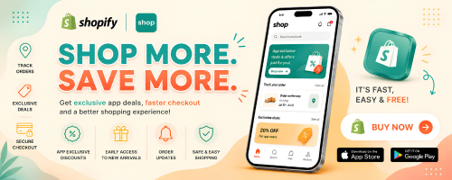 Promotional graphic for a Shopify app, featuring a smartphone mockup displaying the app interface, a Shopify logo, and text reading 'SHOP MORE. SAVE MORE.