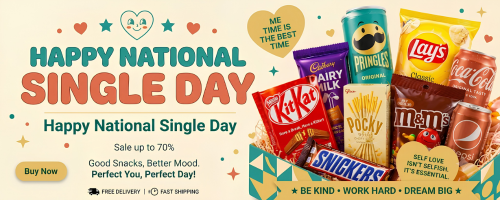A promotional banner for National Single Day featuring an assortment of popular snacks, including Pringles, Lay's, KitKat, Pocky, M&M's, and Snickers, arranged next to text that reads 'HAPPY NATIONAL SINGLE DAY' on a light cream background with colorful star and heart accents.