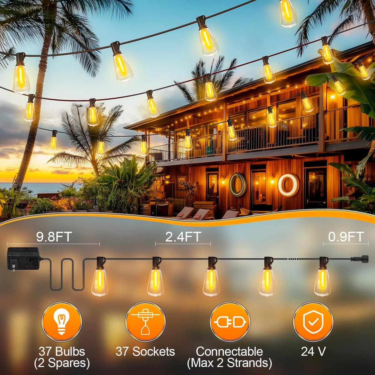 Banord ST38 Safe Outdoor String Lights 100ft – No Glass No Heat No Flame Patio Lights for Child-Safe and Pet-Friendly Yards