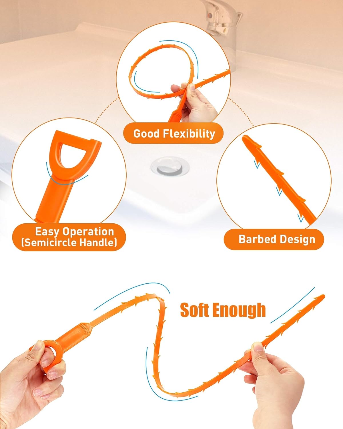 barbed snag design that catches hair, soap, and debris