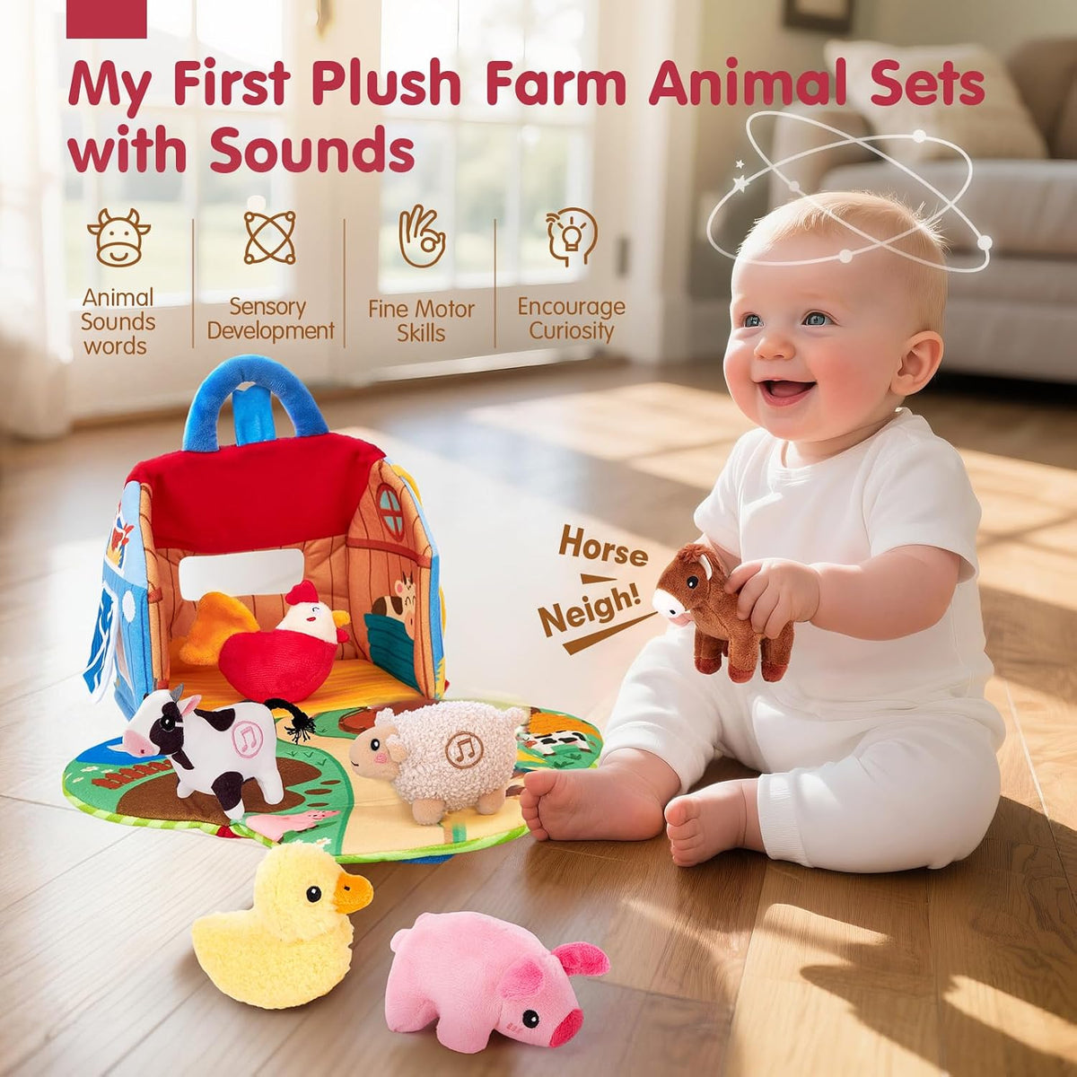 barn that unfolds into a flat play mat with hide-and-seek flaps for matching and object permanence games