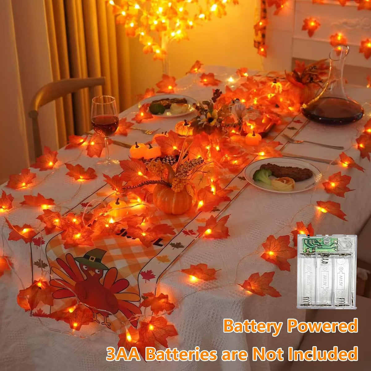 battery operated via 3 aa batteries per string, no outlet or wiring required