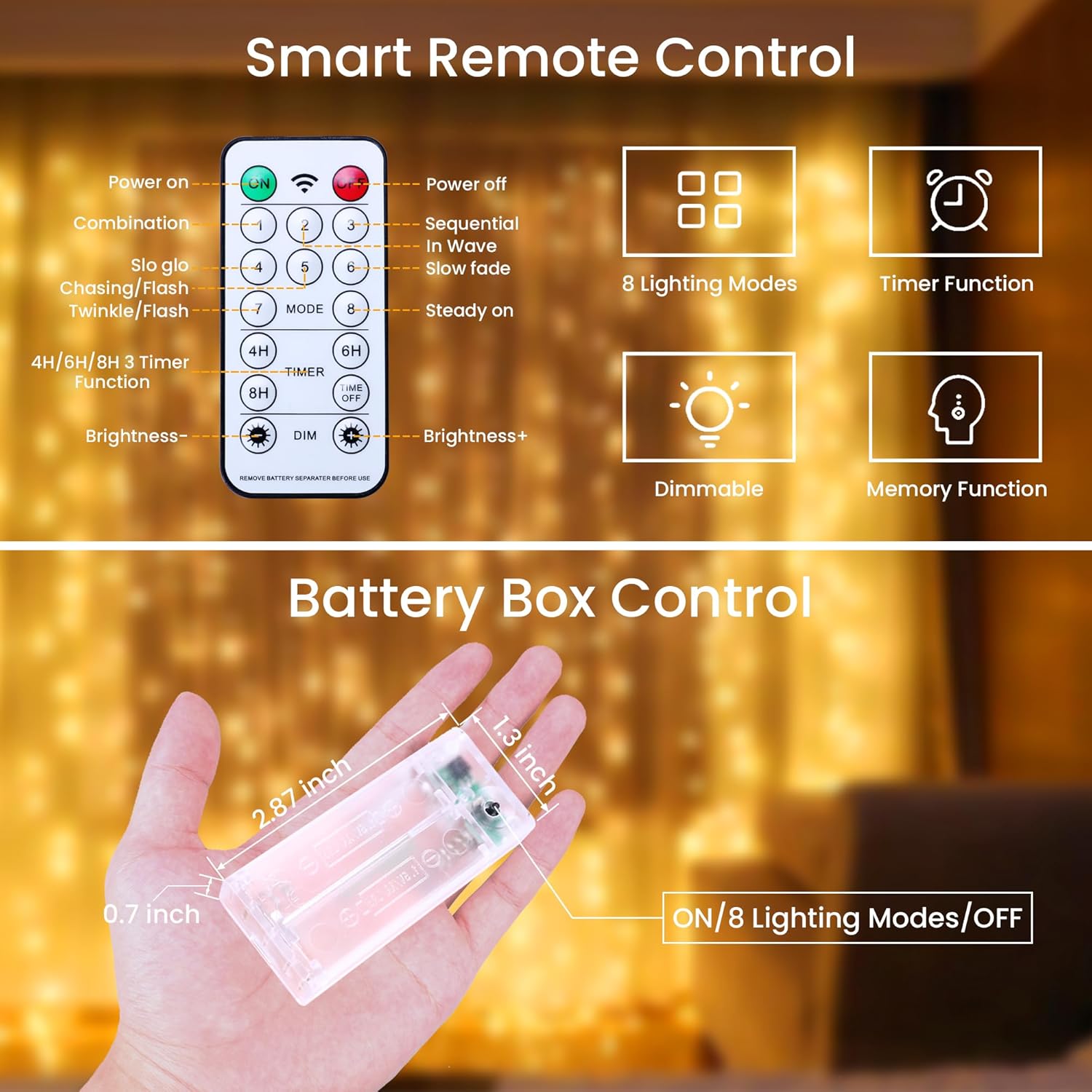 battery powered by 2 aa cells per strand (approximately 1 month on timer, 2 weeks constant)