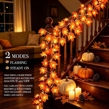 Outdoor Halloween Garland for Entryway – Weatherproof Maple Leaves with Flashing Mode