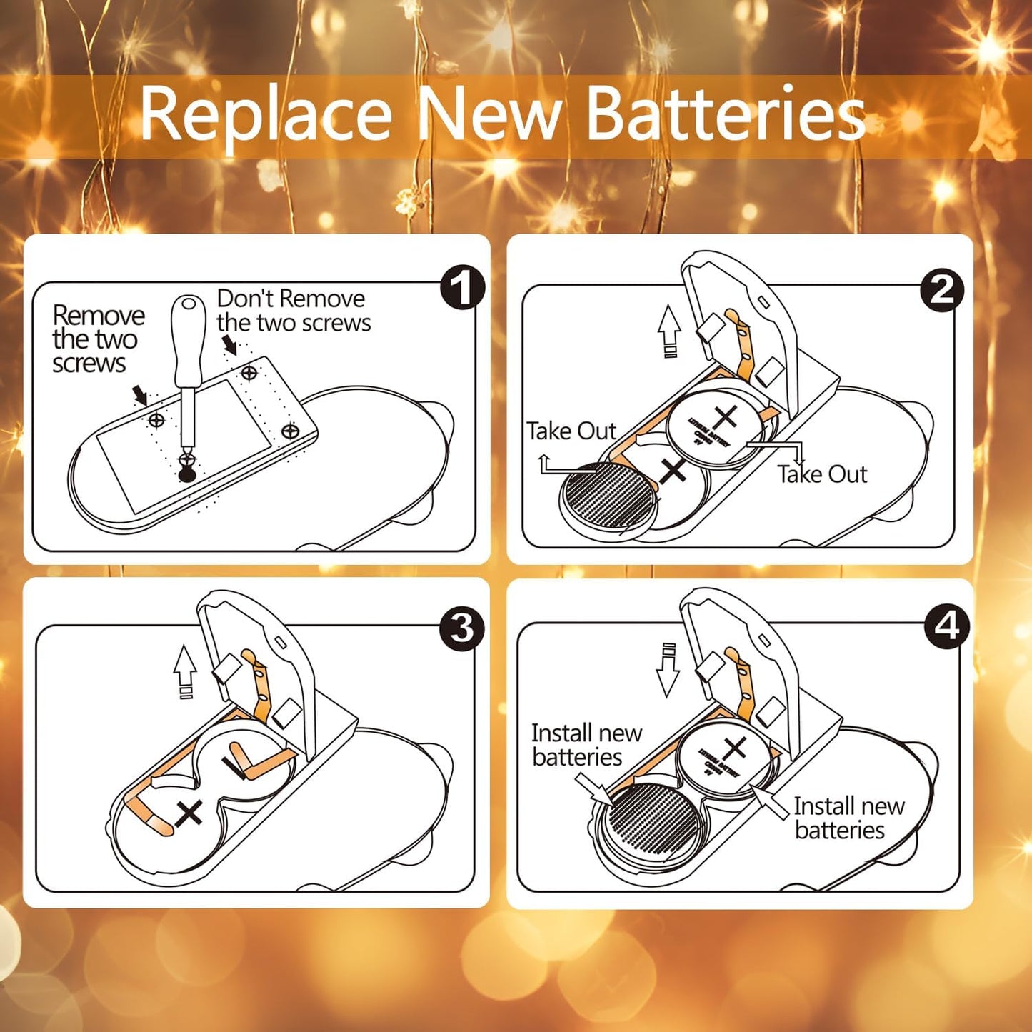 battery powered by included cr2032 button cells lasting ~24 hours continuous or 3-4 days on timer