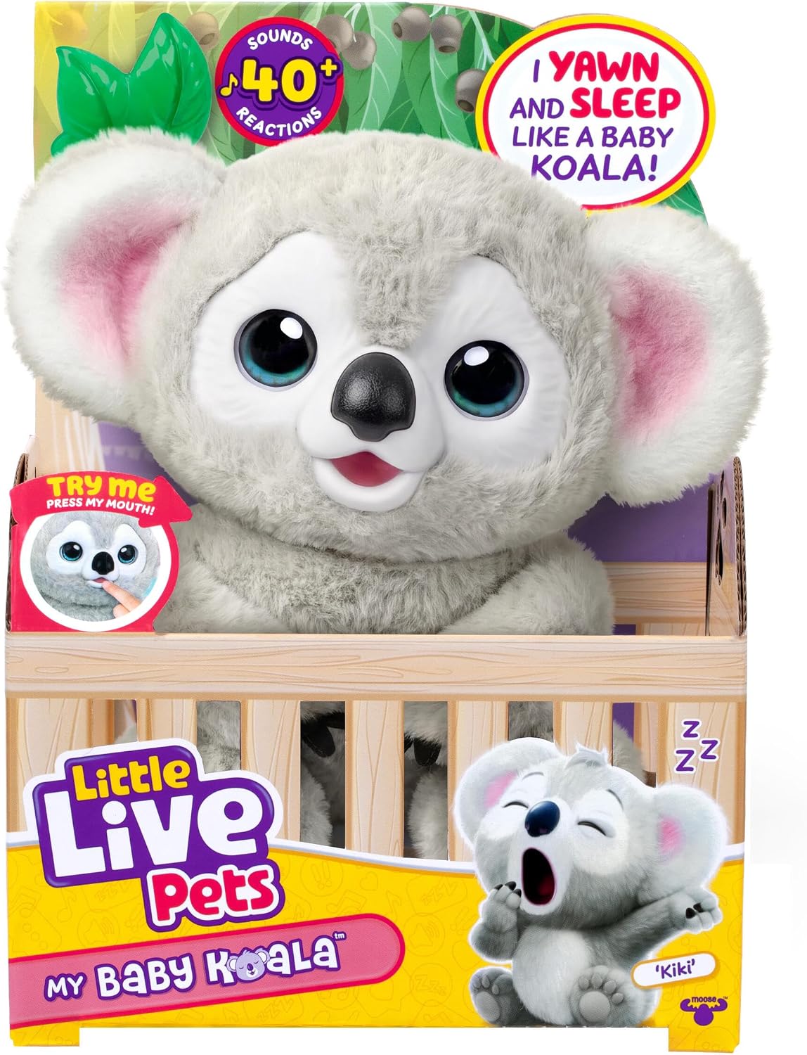 battery-powered electronic plush with 3 aaa batteries that produces realistic yawning and blinking-eye animations