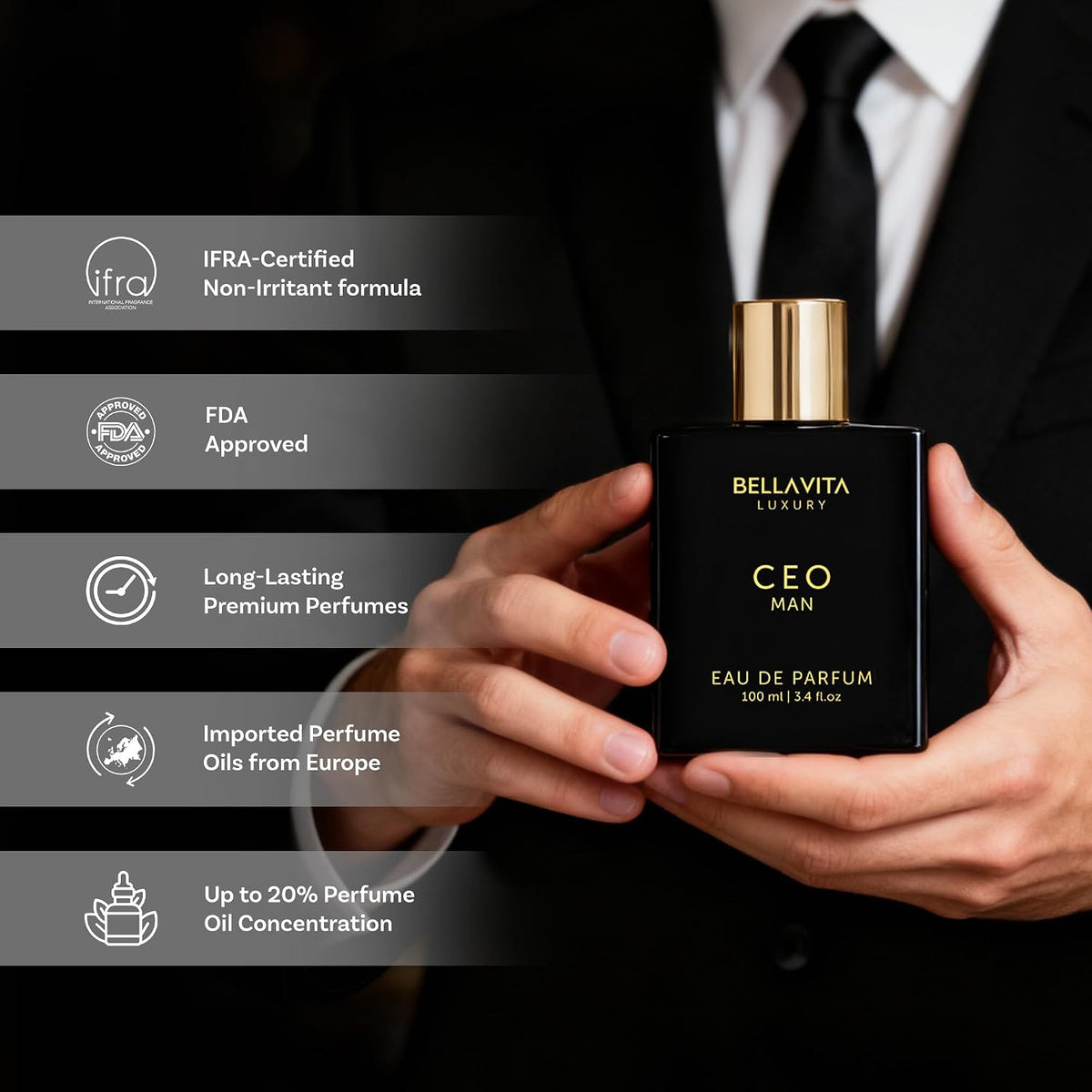 Bellavita Luxury CEO Man Eau de Parfum – Executive Cologne Crafted in France, Italy and Spain, 100 ml