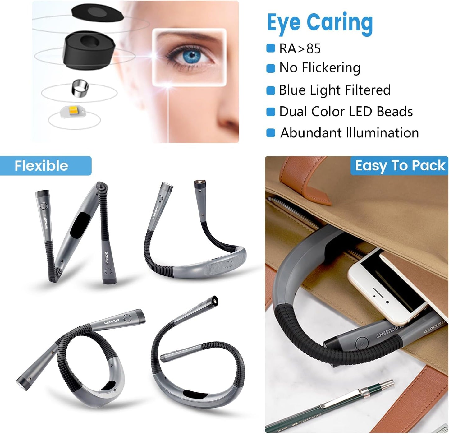 bendable, adjustable arms with ergonomic neck-hanging form factor for fully hands-free use