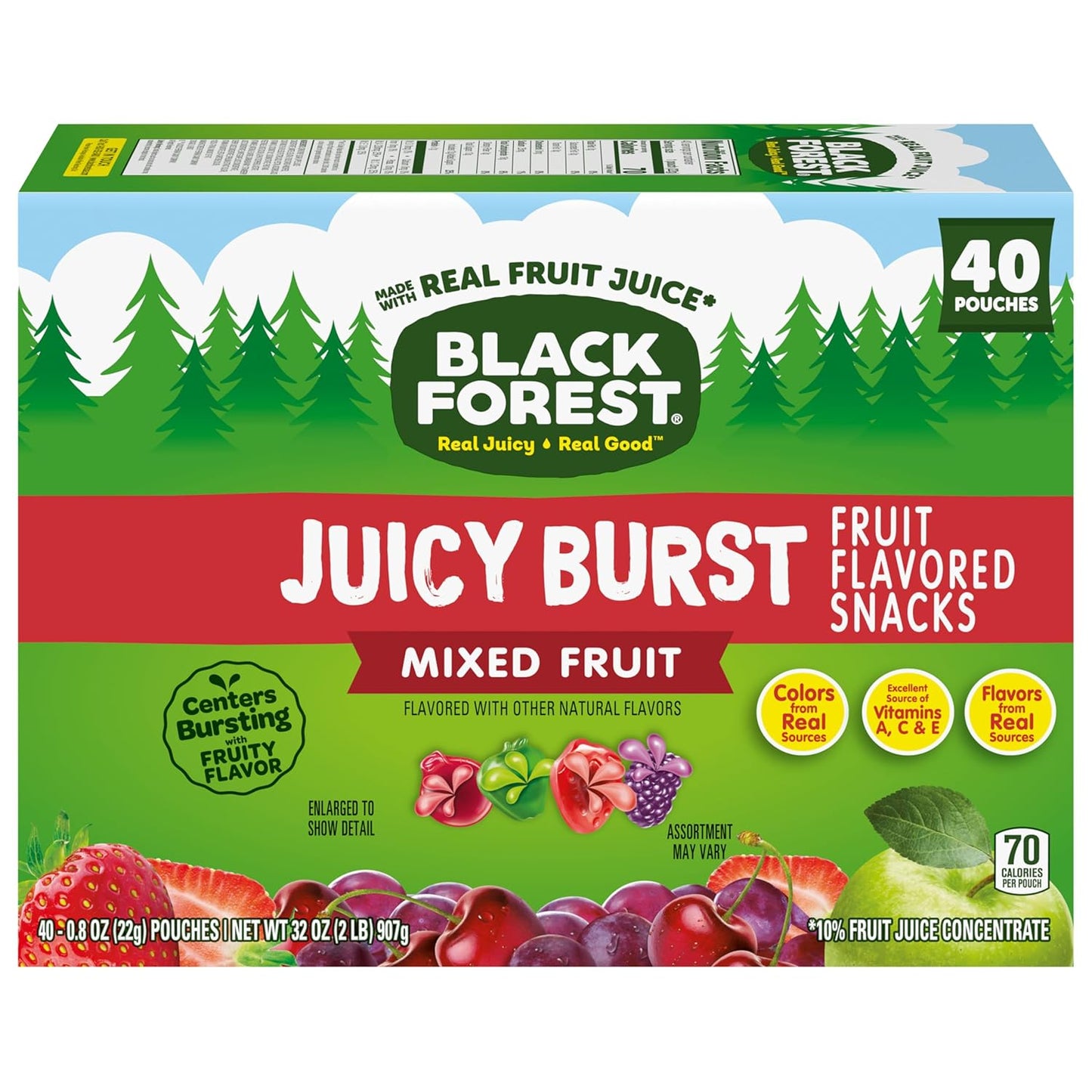 Black Forest Juicy Burst On-the-Go Snacks for Travel and Commutes – No-Refrigeration Fruit Pouches, 40 Count