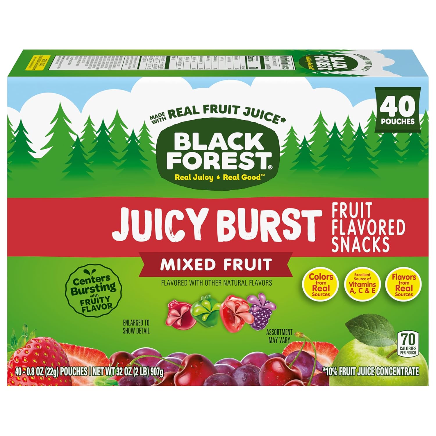 Black Forest Juicy Burst On-the-Go Snacks for Travel and Commutes – No-Refrigeration Fruit Pouches, 40 Count