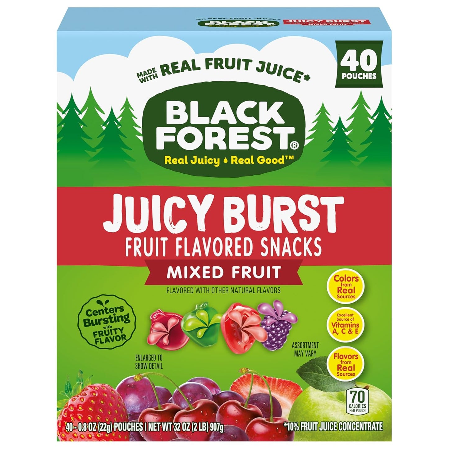 Black Forest Juicy Burst On-the-Go Snacks for Travel and Commutes – No-Refrigeration Fruit Pouches, 40 Count