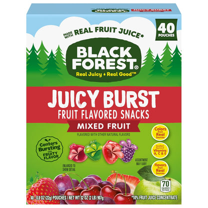 Black Forest Juicy Burst On-the-Go Snacks for Travel and Commutes – No-Refrigeration Fruit Pouches, 40 Count