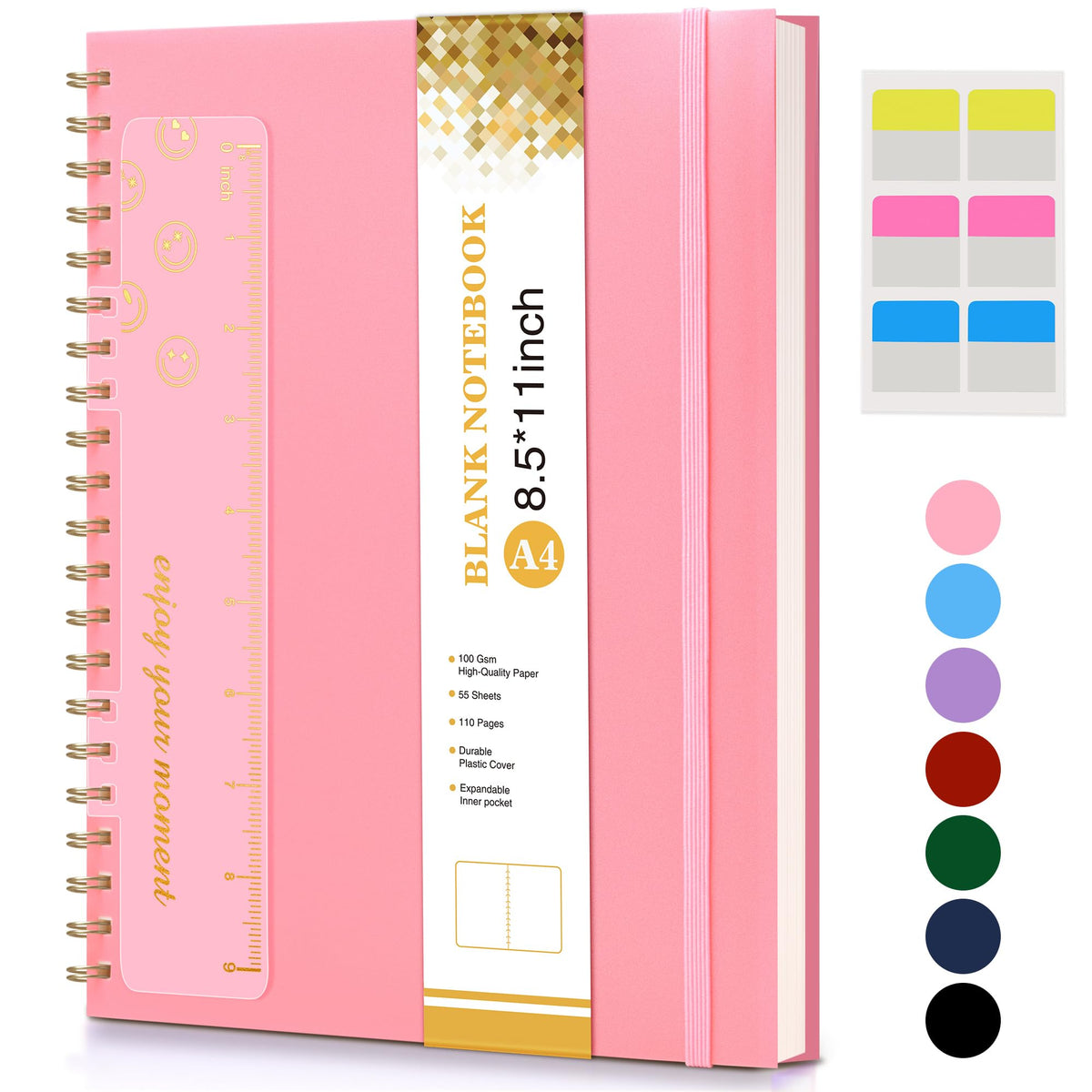 Blank Spiral Notebook Journal 8.5” x 11”, A4 Large Pink Sketch Book for Women Men, 100 GSM Blank Paper Drawing Notebook, Plastic Hardcover Spiral Bound Sketchbook for Sketching Work School Writing