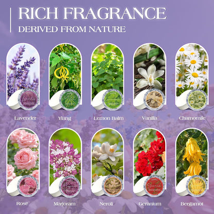 blend of 10 natural essential oils: lavender, chamomile, bergamot, neroli, ylang, lemon balm, marjoram, geranium, rose, vanilla