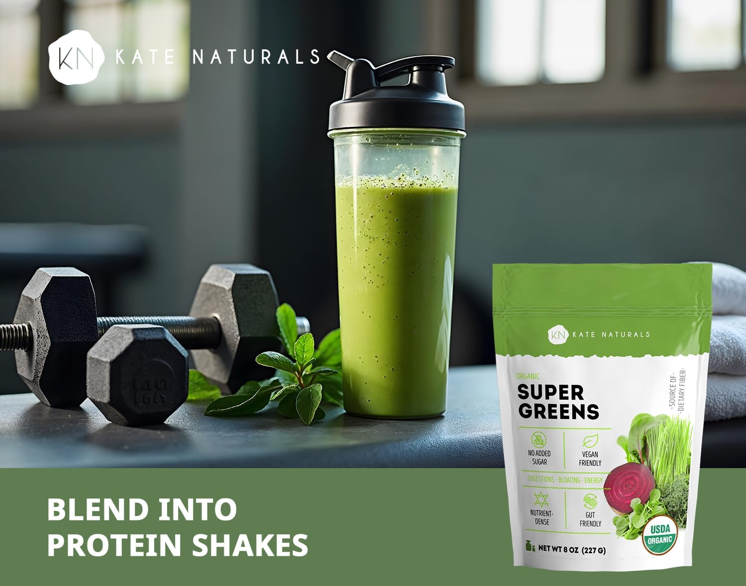 blend of 10 organic ingredients: alfalfa grass, barley grass, beet root, blue agave inulin, broccoli, chlorella, kale, spirulina, wheat grass
