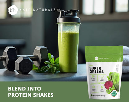 blend of 10 organic ingredients: alfalfa grass, barley grass, beet root, blue agave inulin, broccoli, chlorella, kale, spirulina, wheat grass