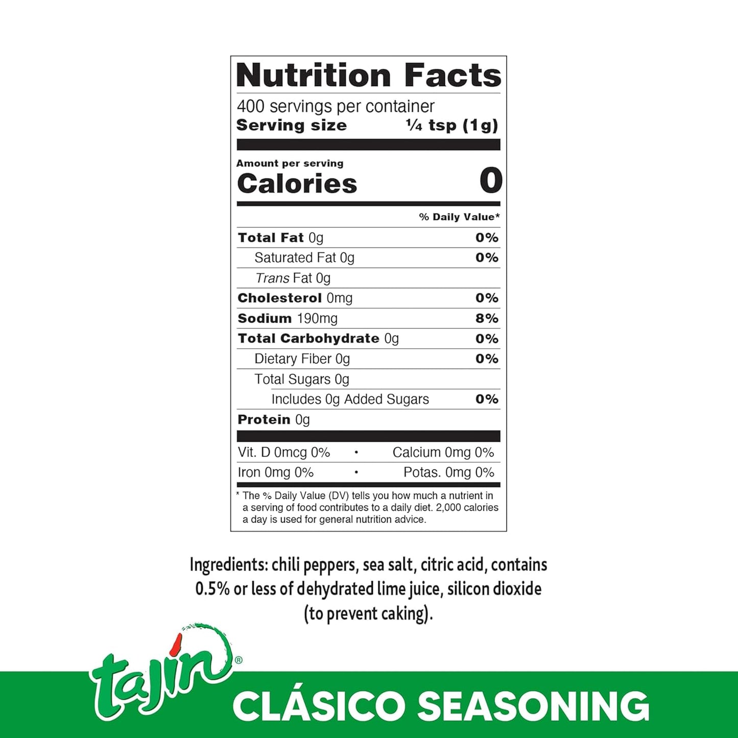 blend of 100% natural chile peppers, sea salt, citric acid, and dehydrated lime juice