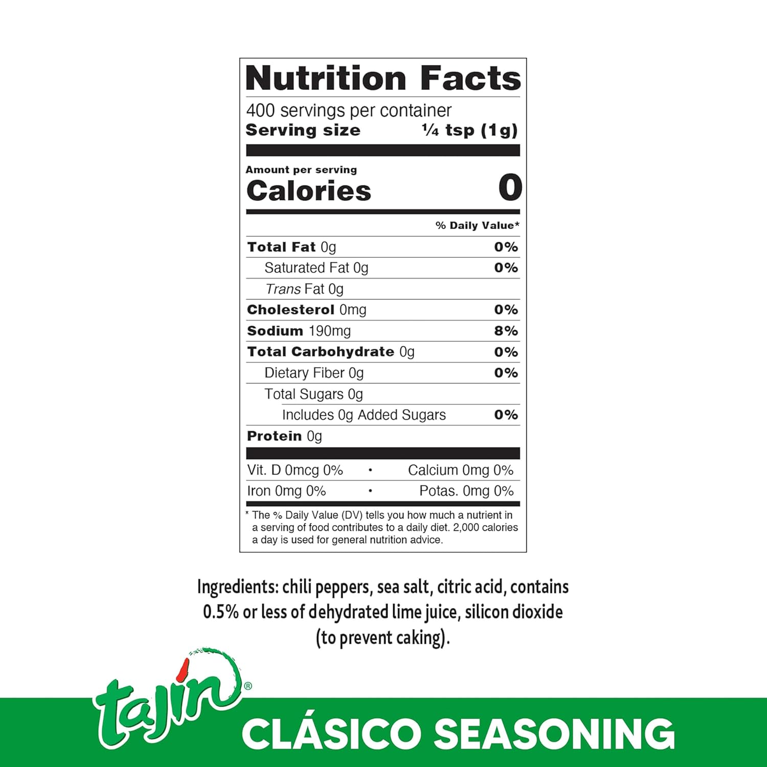 blend of 100% natural chile peppers, sea salt, citric acid, and dehydrated lime juice