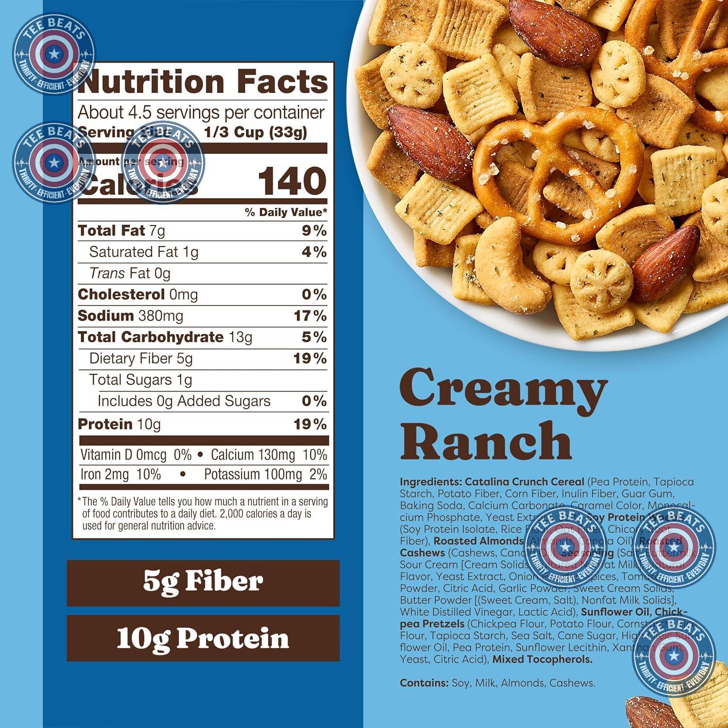 blend of catalina crunch cereal, chickpea pretzels, soy crisps, and almonds