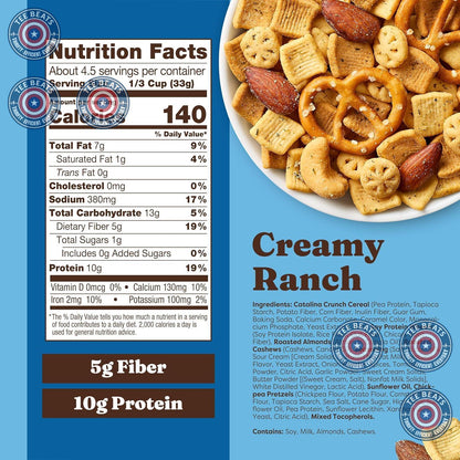 blend of catalina crunch cereal, chickpea pretzels, soy crisps, and almonds