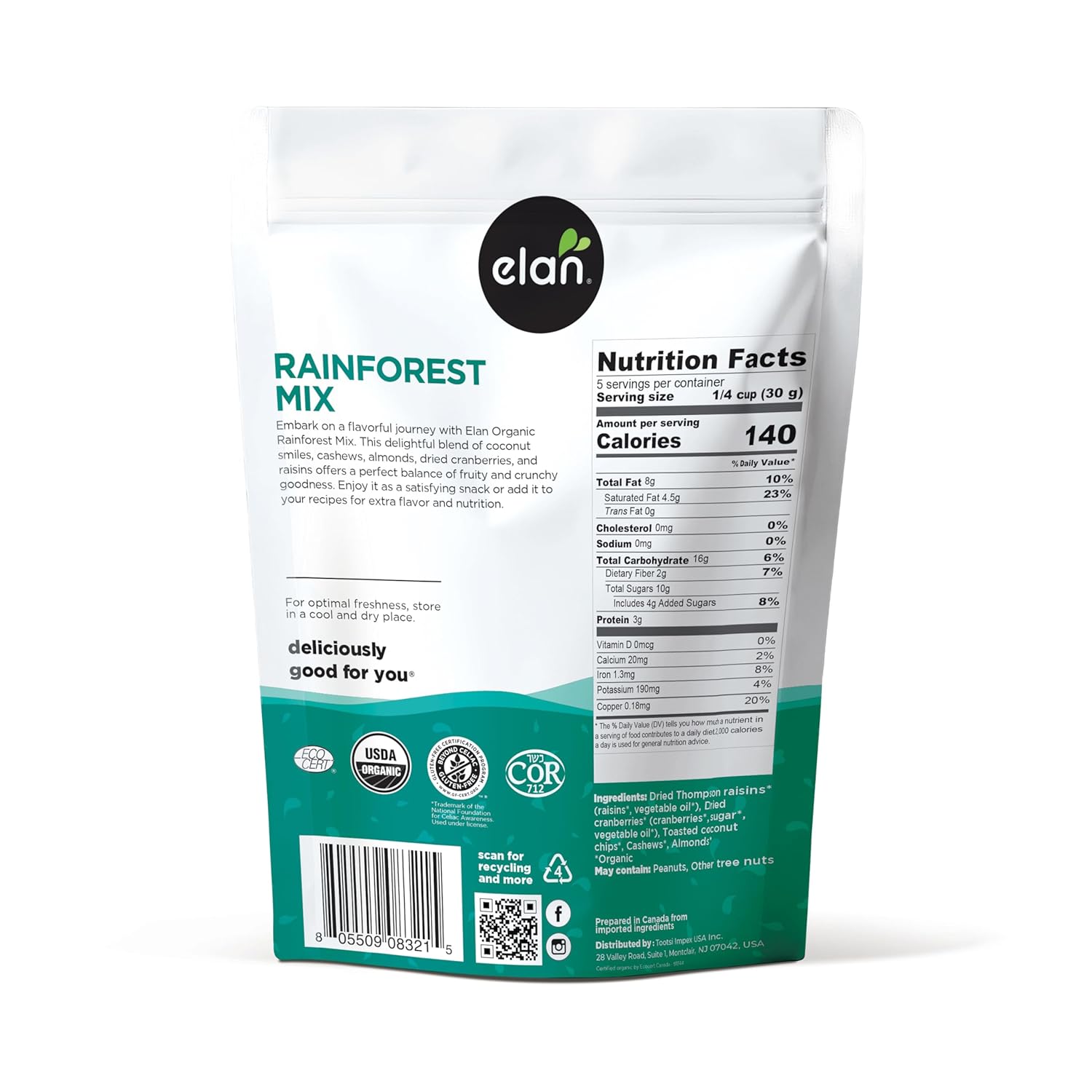 blend of five recognizable ingredients: coconut chips, raisins, dried cranberries, roasted cashews, roasted almonds