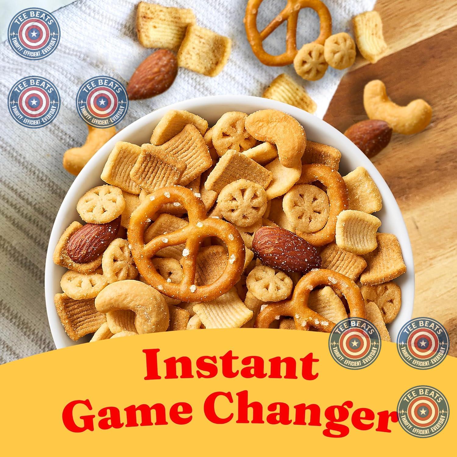 blend of soy crisps, cashews, chickpea pretzels, and catalina crunch signature cereal