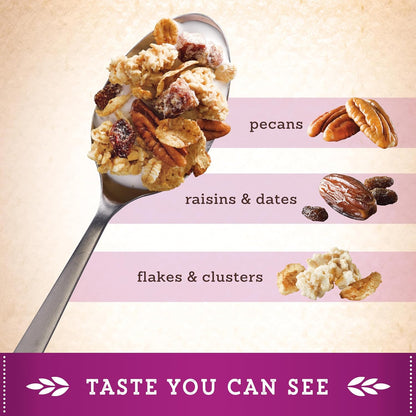 blend of wheat flakes, raisins, dates, granola clusters, and pecans
