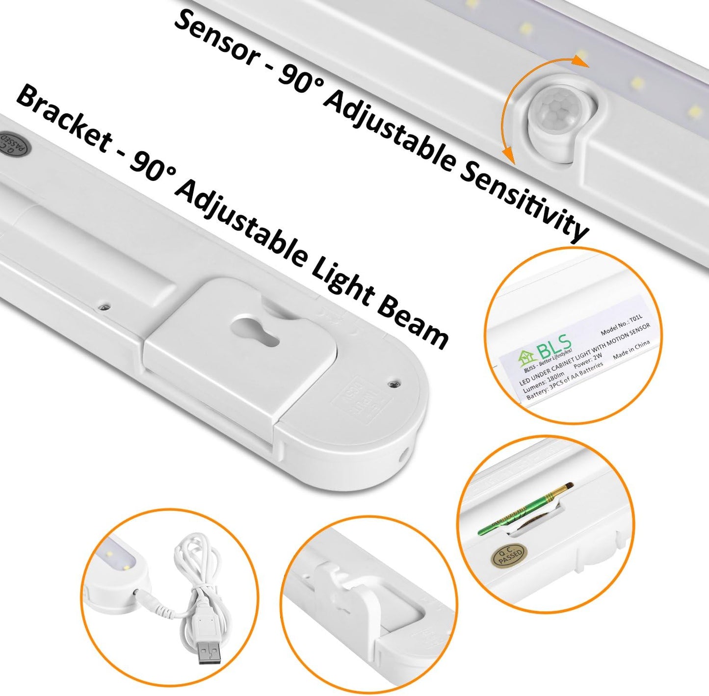 BLS T01L USB Motion Light – Uncluttered Drawer and Bookcase Accent Lighting, Rechargeable and Adhesive Mounted
