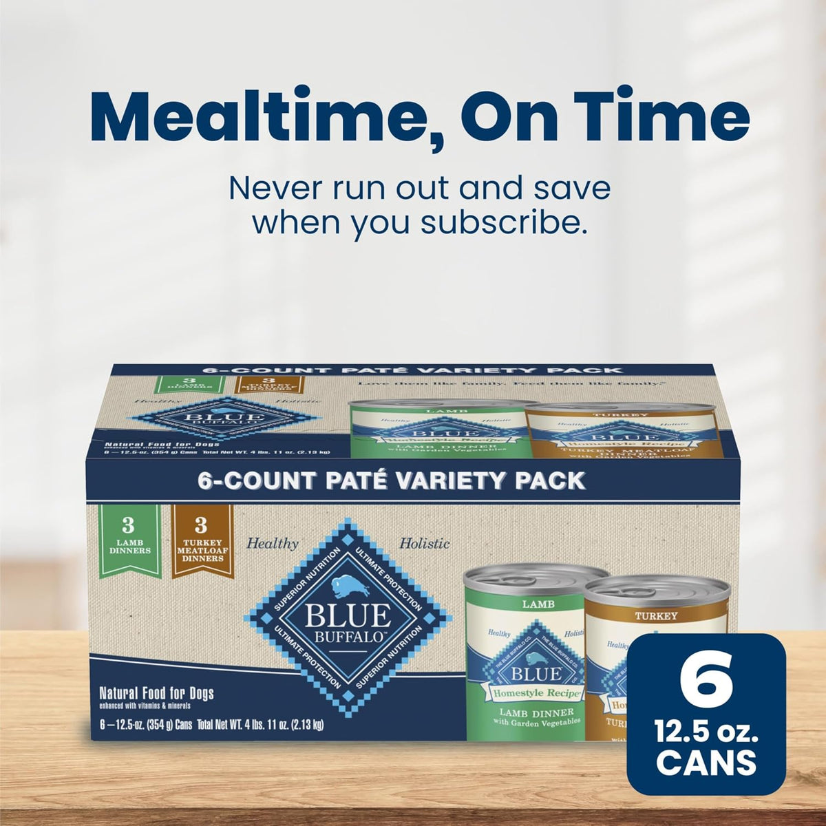 Blue Buffalo Homestyle Wet Dog Food Paté – Vet-Formulated Variety Pack Safe for Family Dogs Around Children, 6 x 12.5-oz Cans