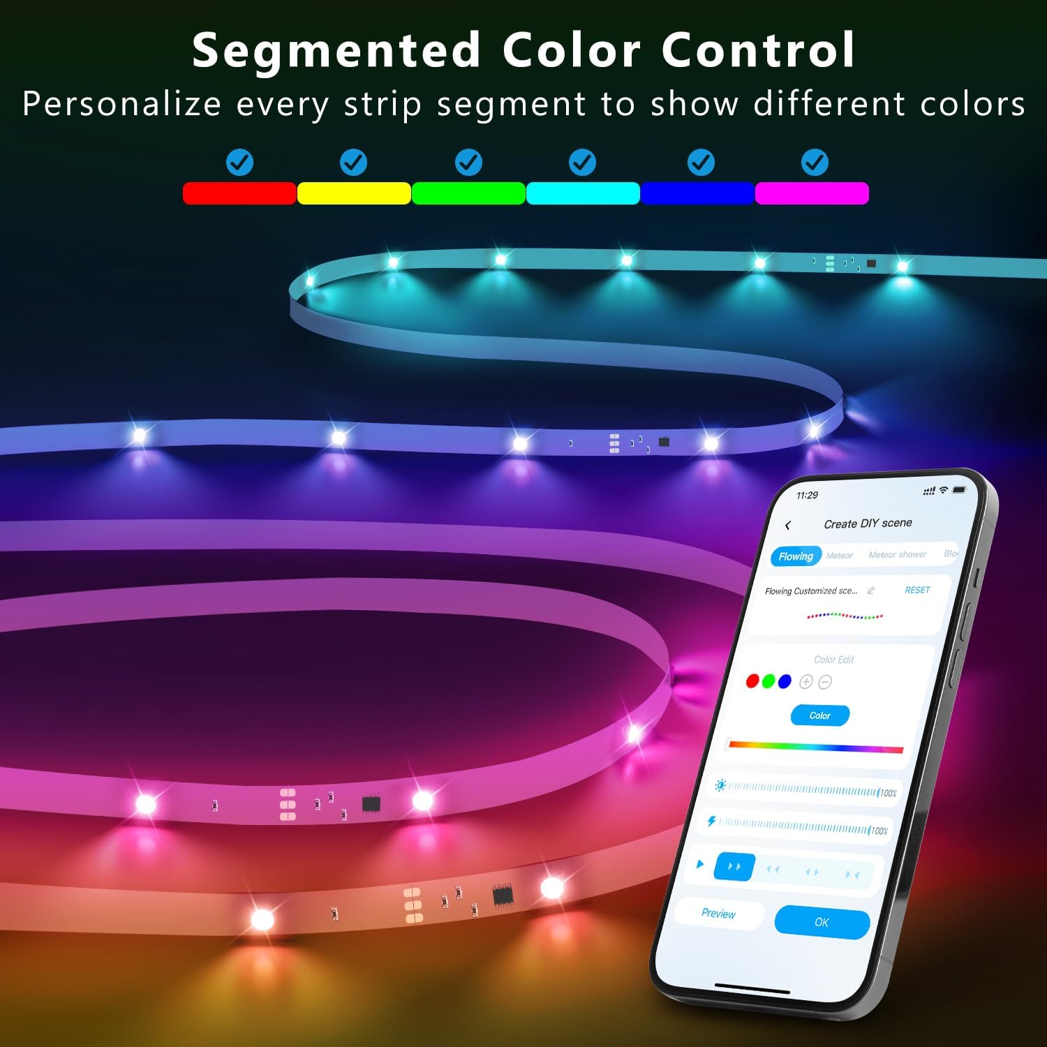 bluetooth app control with preset scene modes for party, holiday, and movie moods