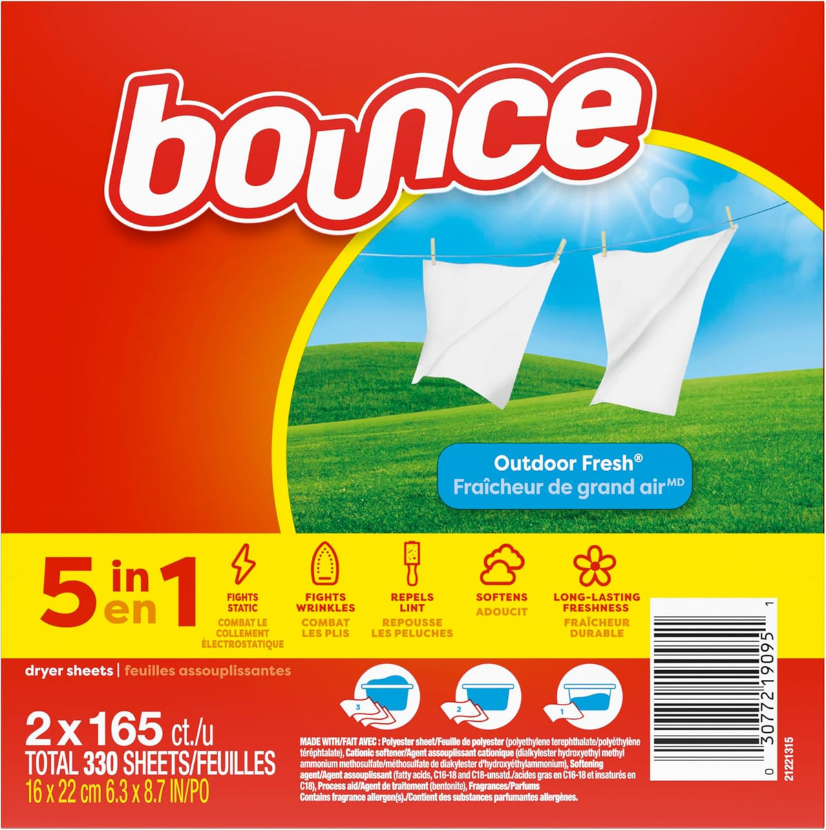 Bounce Outdoor Fresh Dryer Sheets 330ct for Camping Gear Deodorizing, Portable Freshness Anywhere