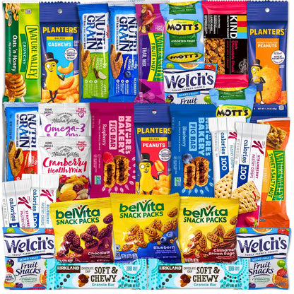 boxed 28-count assortment containing fruit snacks, granola, mixed nuts, and whole-grain items