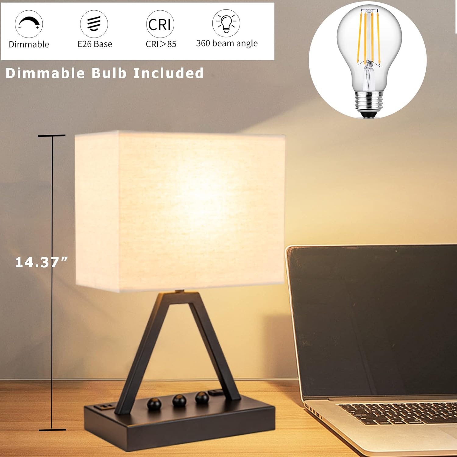 Briever Touch Desk Lamp with AC Outlet – Productivity Lamp for Laptop and Phone Charging, 3 Brightness Levels and Linen Lampshade