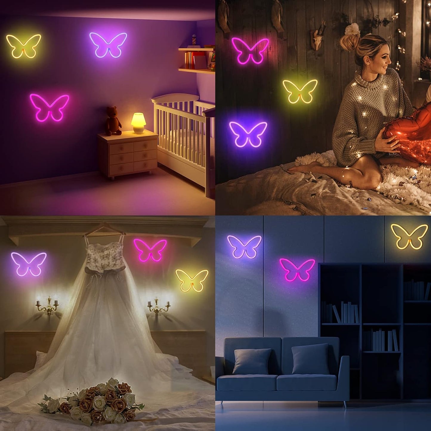 BRIGHTDECK Minimalist Butterfly LED Neon Trio – Modern Home Decor Accent, 5 Inch Pink Purple Warm White Wall Lights with Long USB Cord