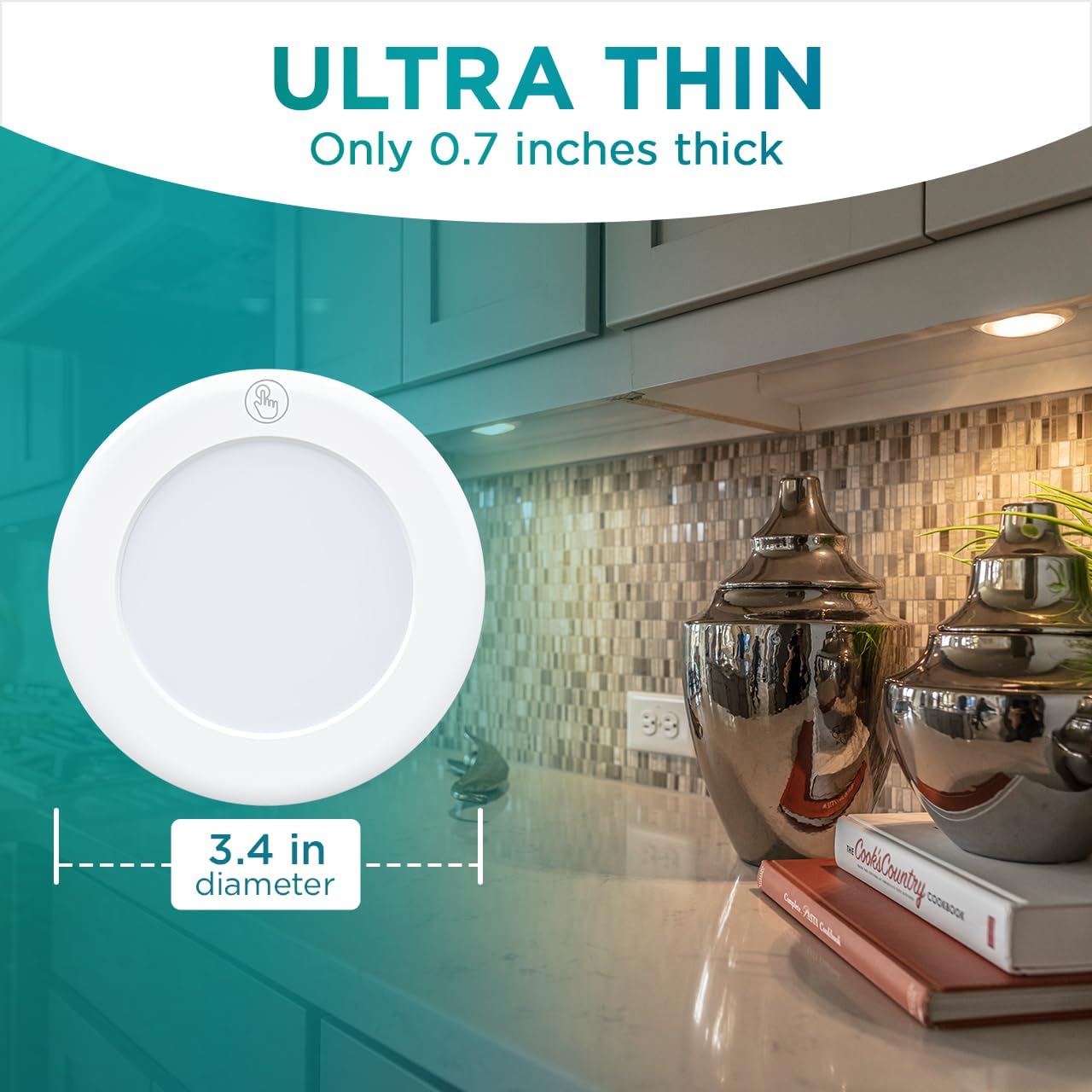Brilliant Evolution Stick On LED Touch Lights – Soft Ambient Puck for Reading Alcove and Guest Room Styling, Pack of 2