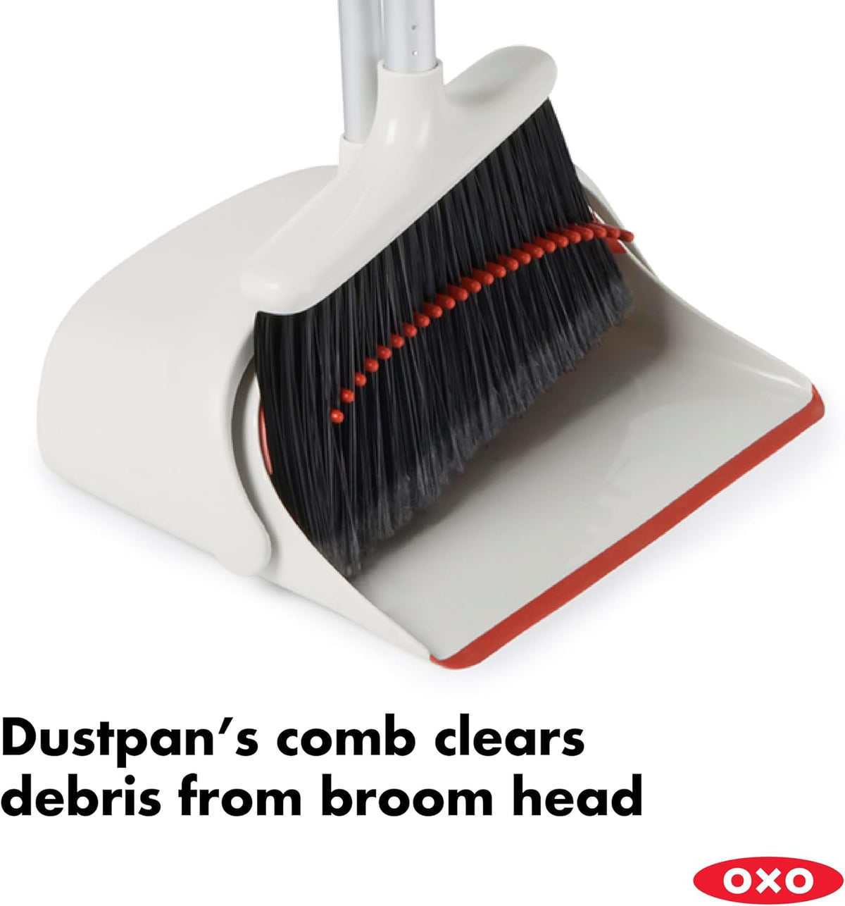 broom snaps into dustpan for upright, compact storage