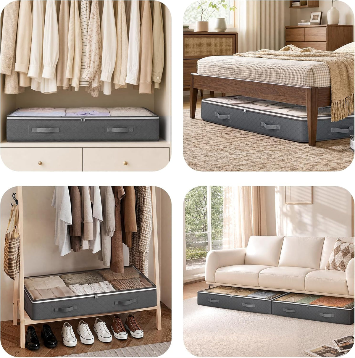 Budding Joy 95L Under Bed Storage Bins, 4 Pack Grey Underbed Organizer for Bedroom Closet and Living Room Decor